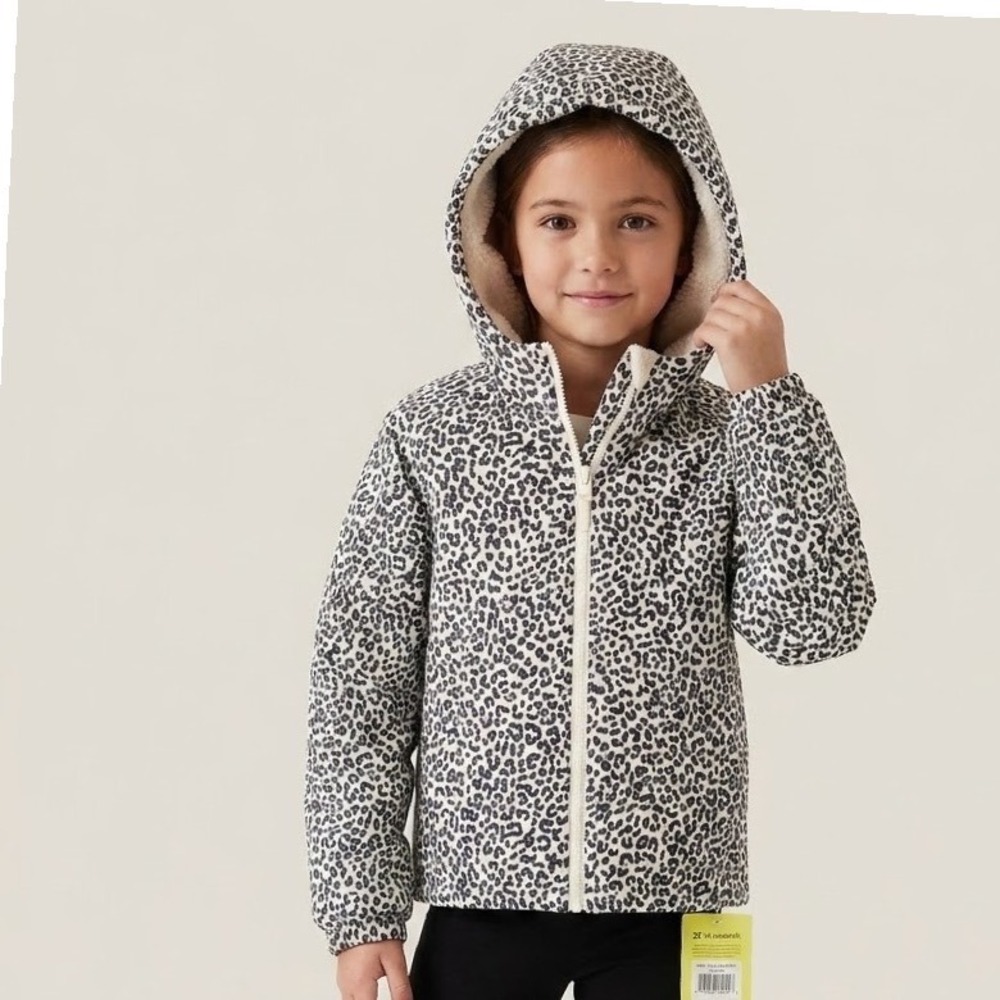All in Motion Girls Leopard Print Sherpa Lined Hooded Jacket Black White S 6/7